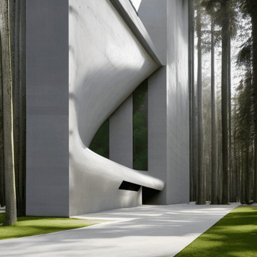 AI generated: museum, modernism architecture, concrete, forest, Direct Sunlight on facade, Photorealism --ar 16:9
