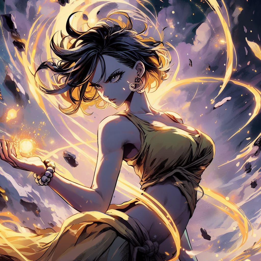 AI generated: full body, modern ink, beautiful female character looking like the fusion between Luffy and a Saiyan...