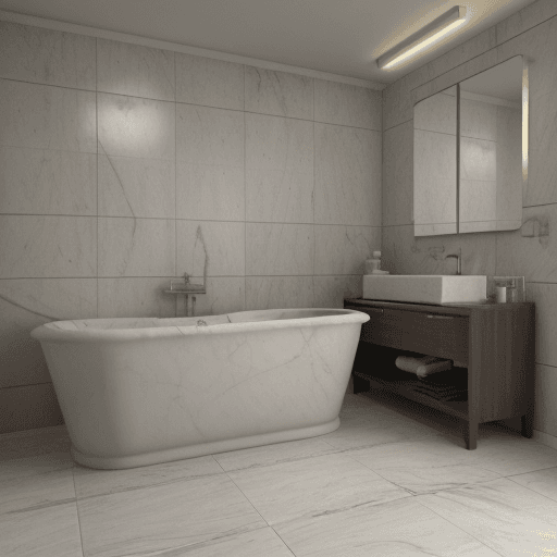 AI generated: 8k,16k,photorealistic render,3ds max 2023,corona 9,vray,nordic style,marble tiles,tub,full view,fron...