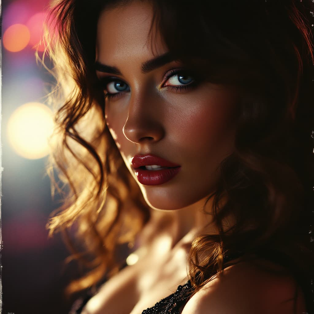 AI generated: Close-up, dramatic portrait of a vintage woman.  Black lingerie,  blue eyes, and long wavy brunette ...