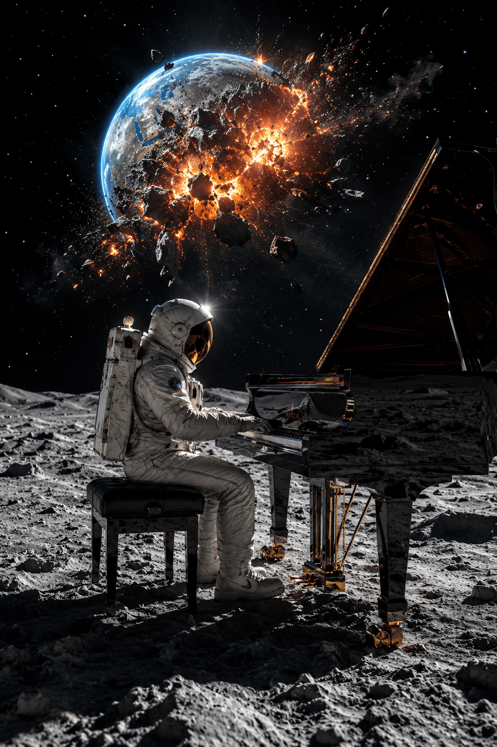 AI generated: A lone pianist performing on a luxurious glossy black concert grand piano placed directly on the lun...