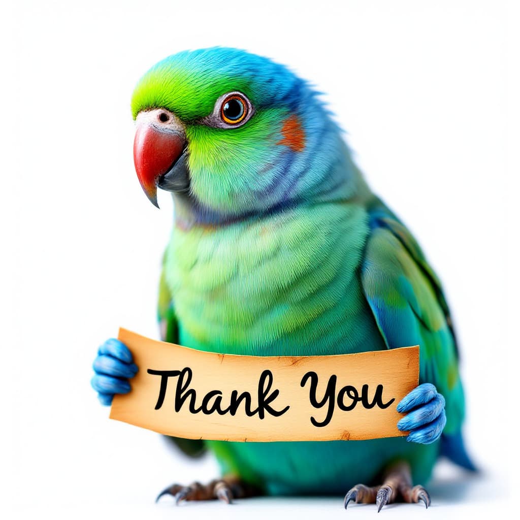 AI generated: highly detailed image of a beautiful parakeet holding a 'Thank You' banner isolated on a white backg...