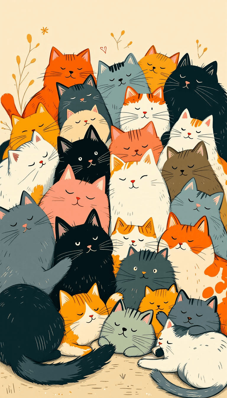 AI generated: A whimsical, vibrant illustration of multiple cats, varying in breed, size, and color, gathered toge...