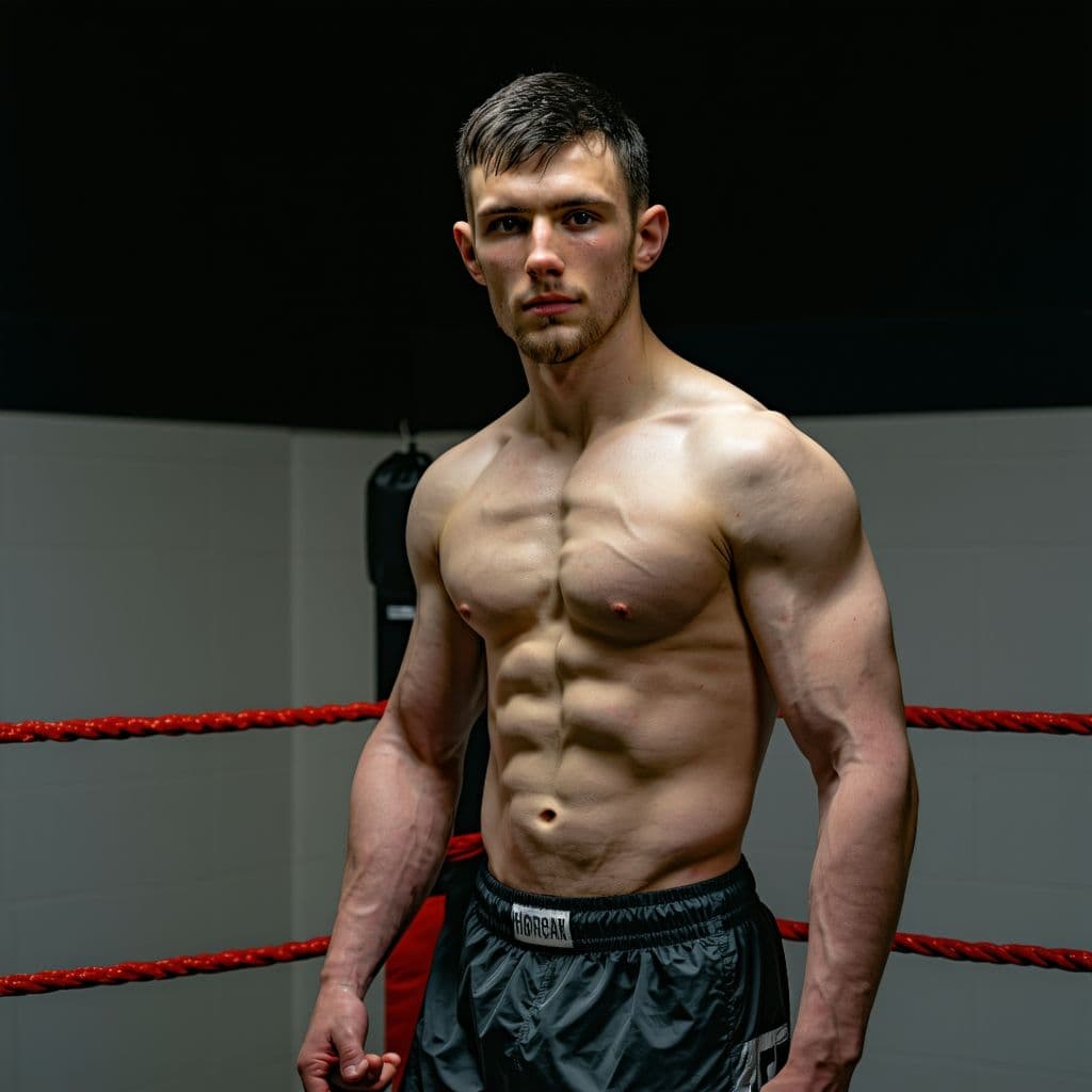 AI generated: photograph, front view, 32 year old male boxer, model, view, with the ring in the background, visual...