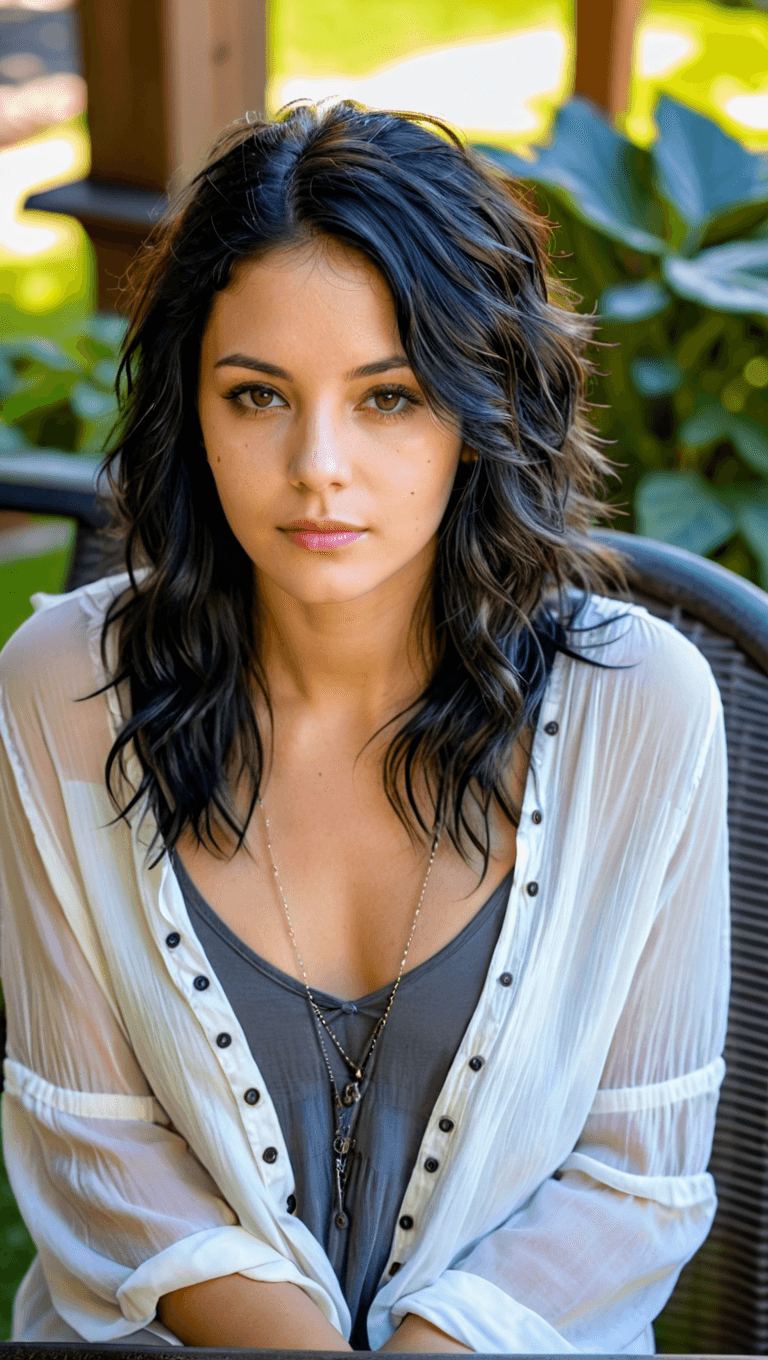 AI generated: 3/4 shot, photograph of, a woman, messy black hair with gray highlights, wearing a tank top and an u...