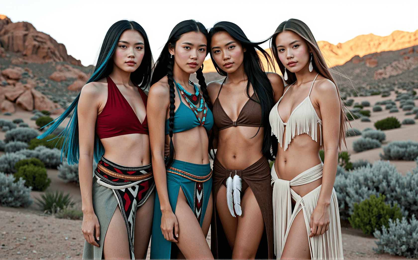 AI generated: Four beautiful young females in Native American fantasy tribal fashion standing closely together in ...