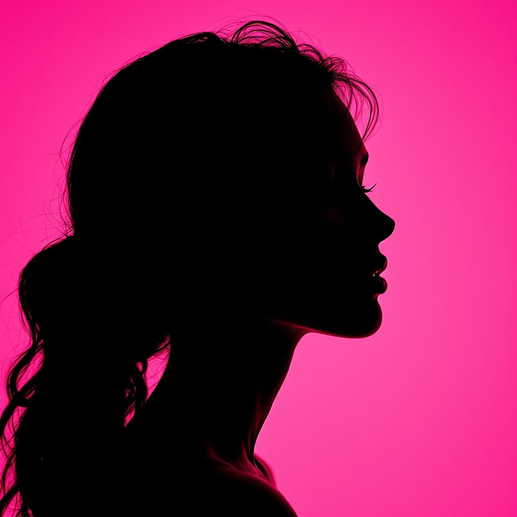 AI generated: photography, portrait of contrast, profile silhouette of a woman, vibrant hot pink backdrop, visuali...