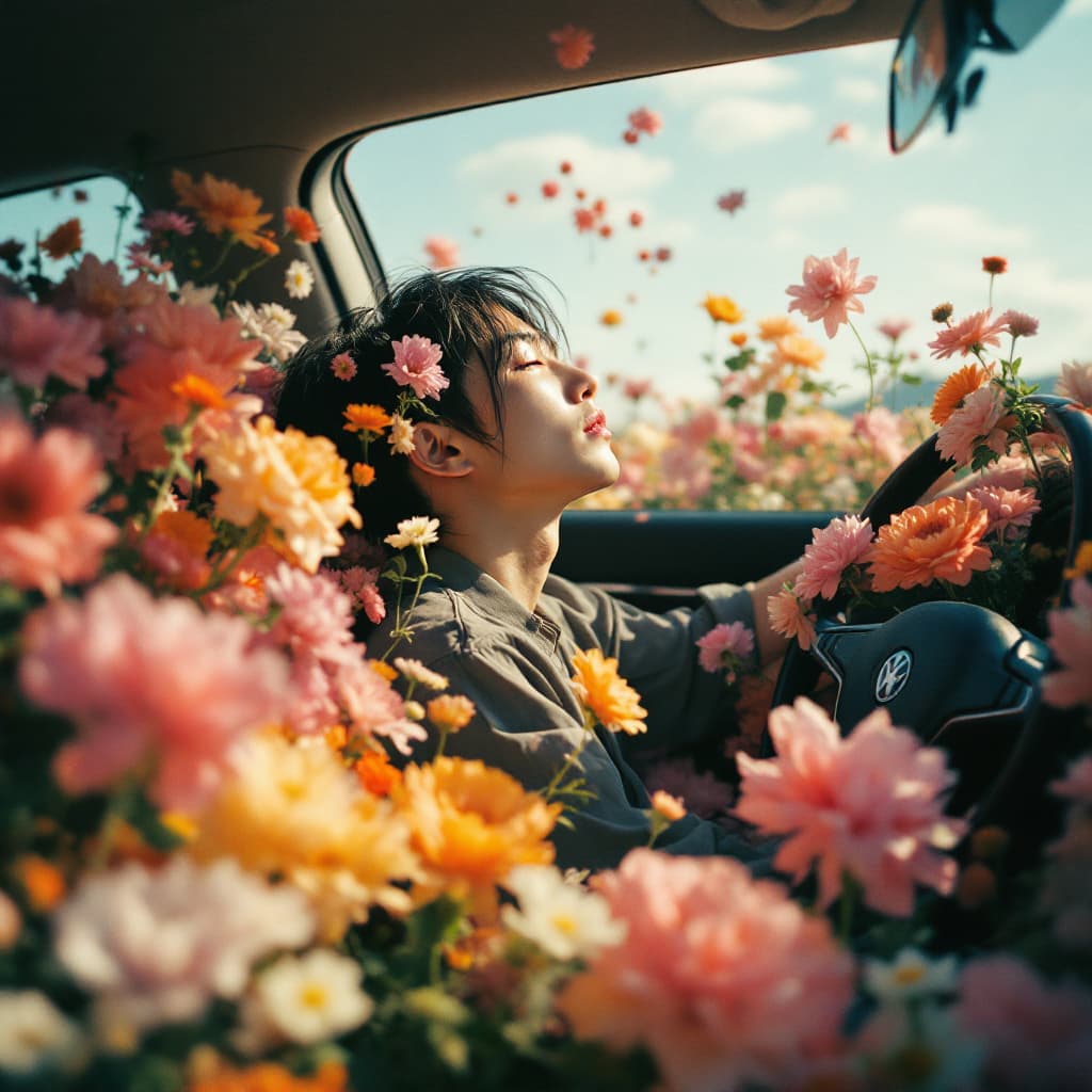 AI generated: a  china man in car filled withflowers, art by Rinko Kawauchi, in the style ofnaturalistic poses, va...