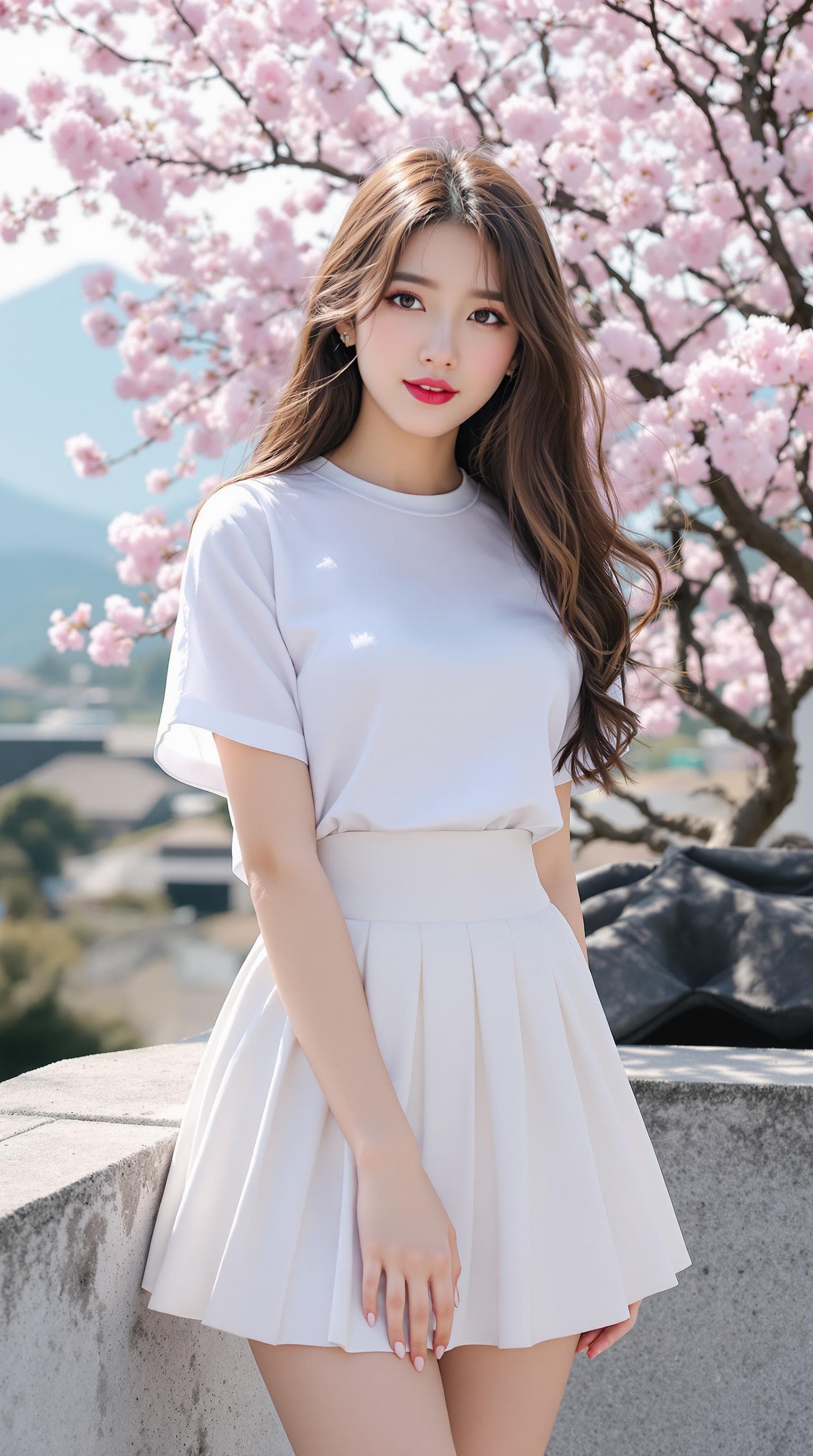 AI generated: a girl, Korean woman, korean ulzzang face, in a white clothes, short sleeves and pleated mini skirt,...