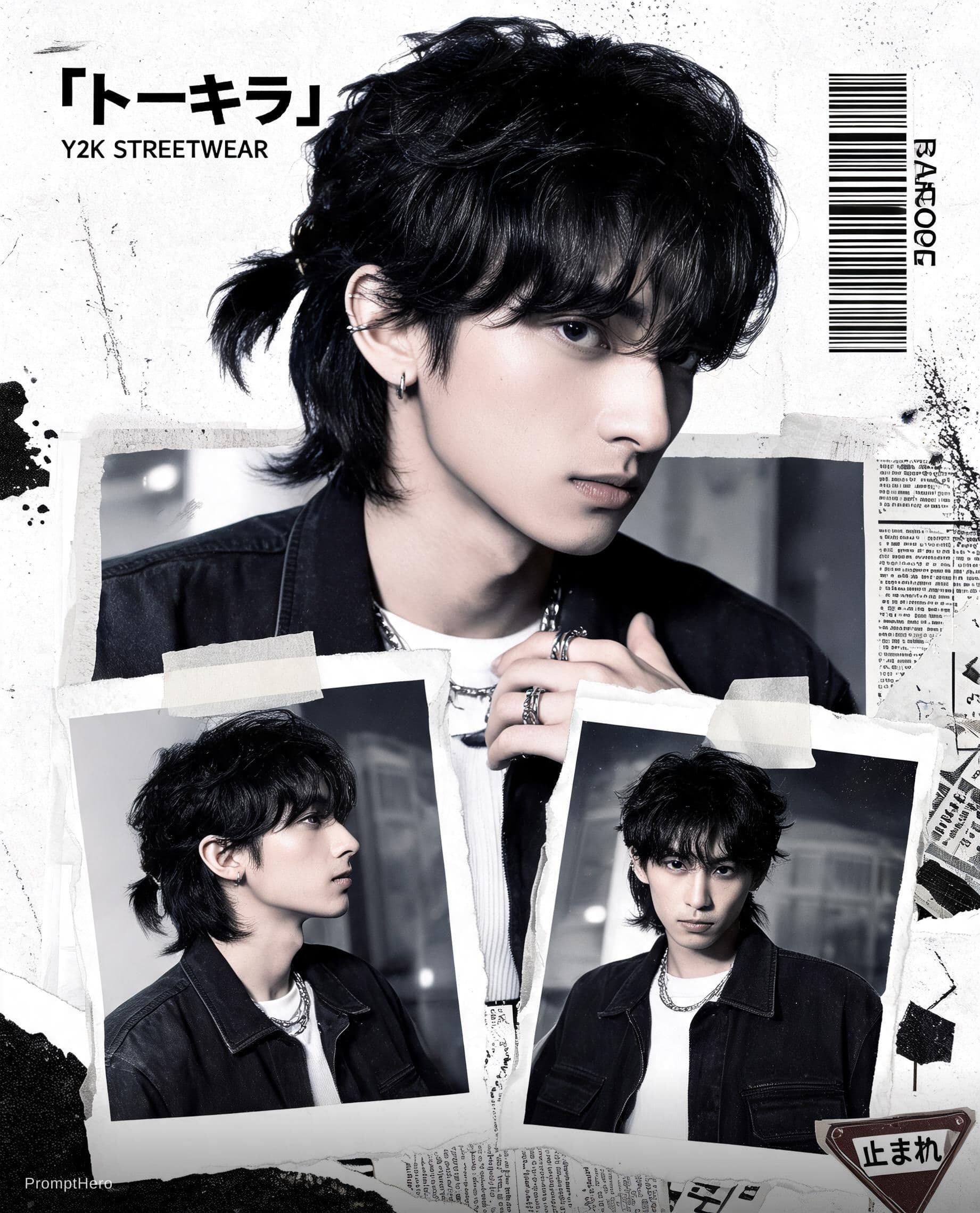AI generated: Buat poster kolase editorial streetwear Jepang bergaya Y2K yang bold dengan estetika majalah fashion...
