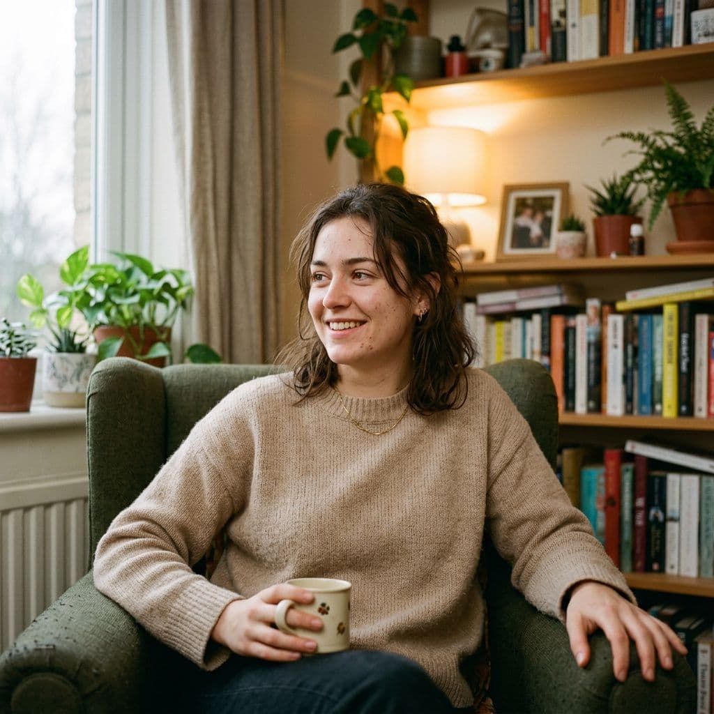 AI generated: Photorealistic candid portrait of a young brunette woman in her early 20s, sitting in a cozy apartme...
