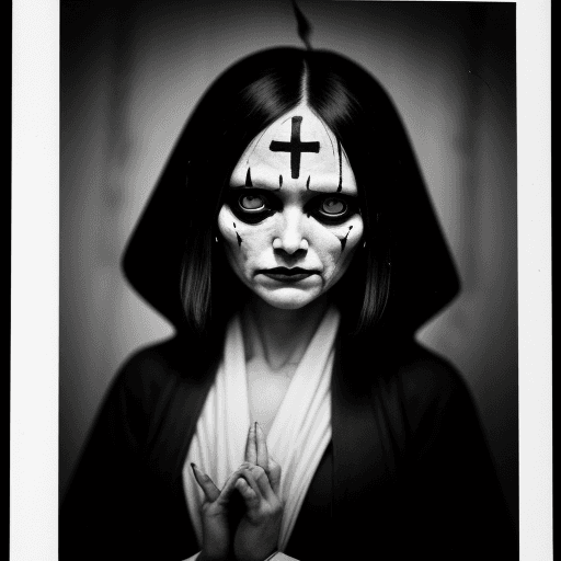 AI generated: old photography of a woman dressed in robe, white eyes being possessed by a demon black and white