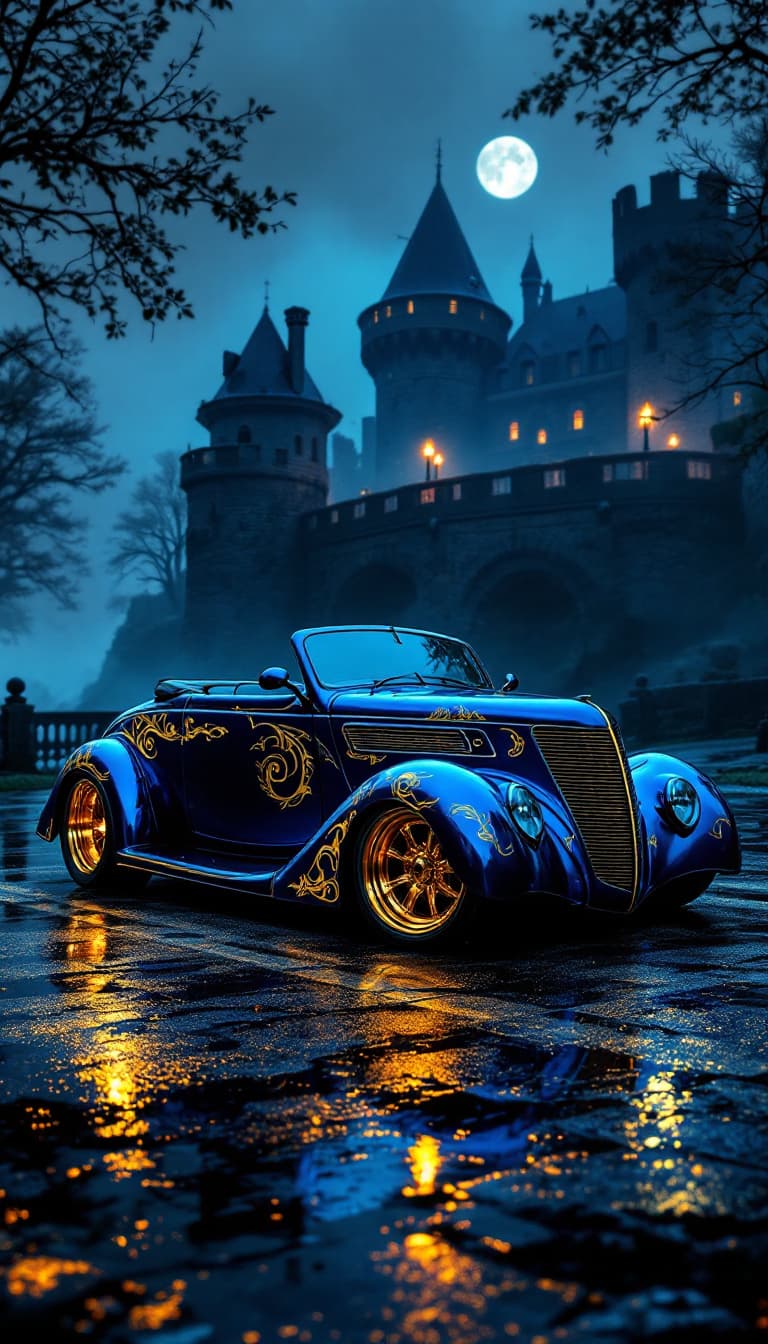AI generated: A photo realistic 1938 Ford Roadster from a front side view. The car is lowered, a metallic blue bas...