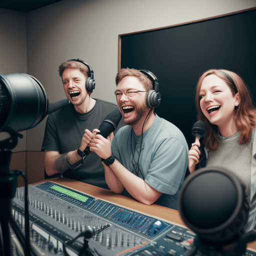 AI generated: high resolution, portrait photography stock photo diverse group of podcasters laughing in recording ...