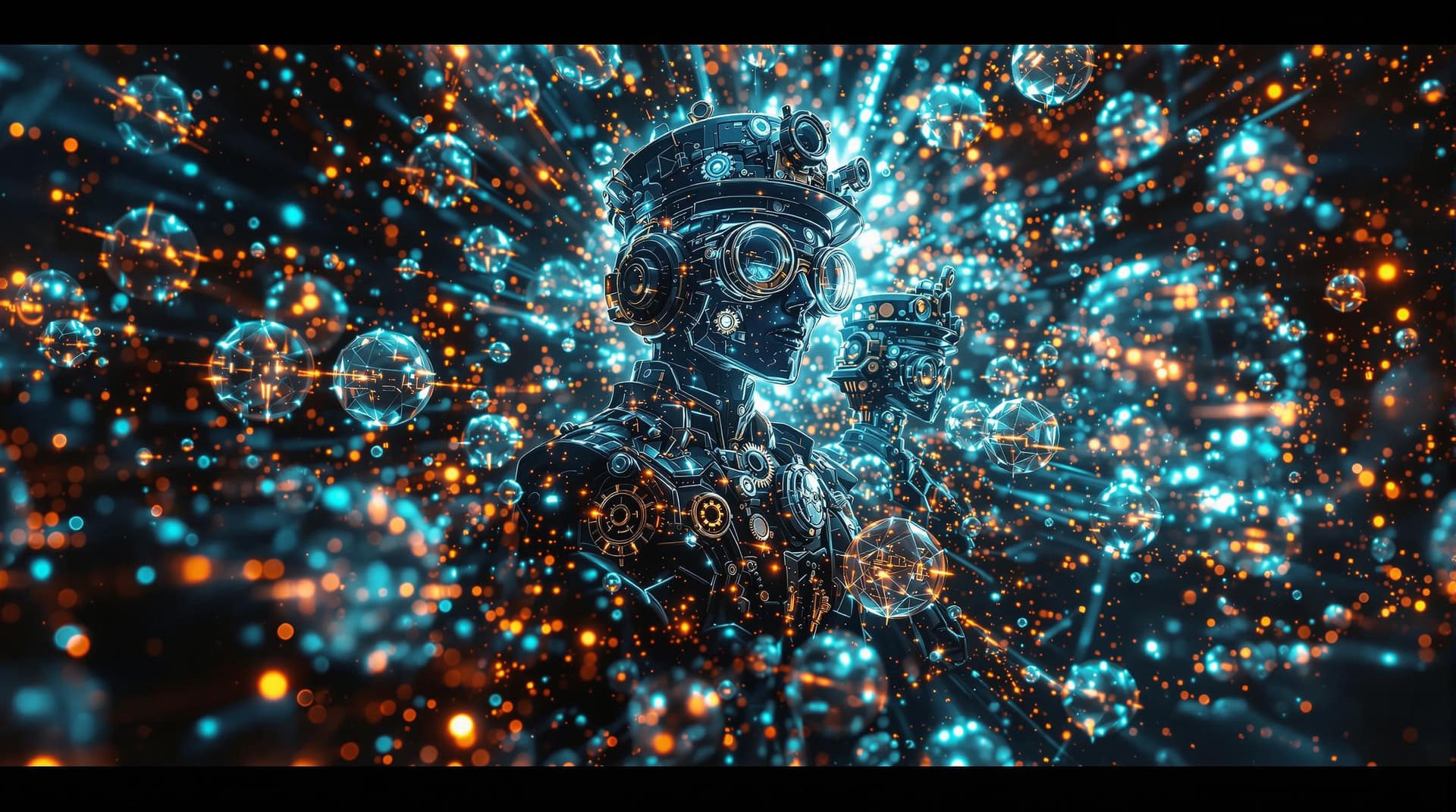 AI generated: multiple steampunks being teleported to the future, in   collums of glowing  translucent  micro mole...