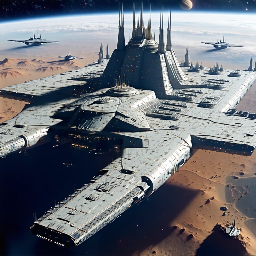 AI generated: A massive Luna space station city covering a large surface area on the planet Mars. Capable of docki...