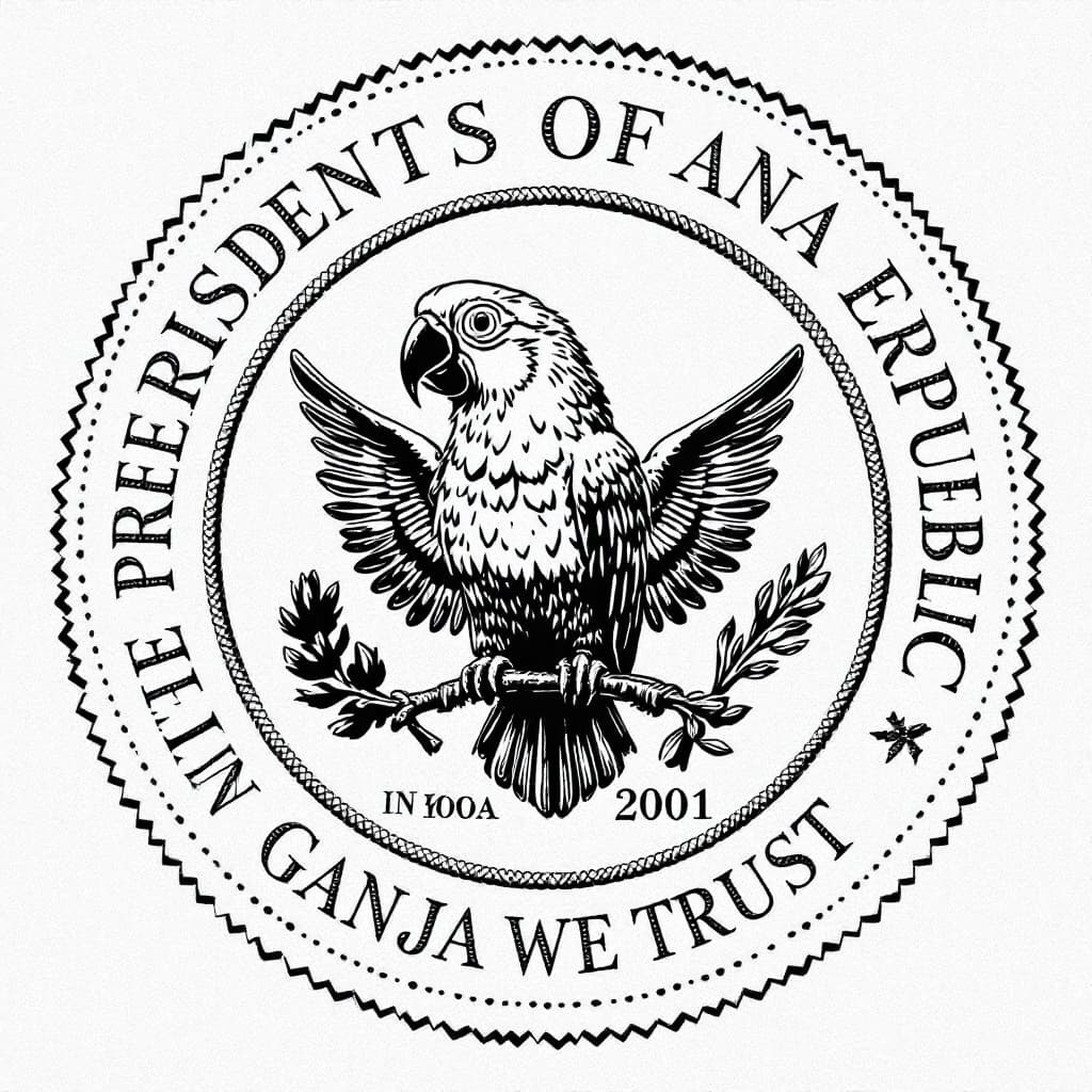 AI generated: the official seal of "THE PRESIDENT OF THE BANANA REPUBLIC","IN GANJA WE TRUST", a parrot as the sta...
