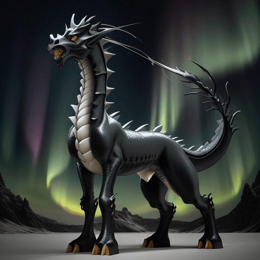 AI generated: Zero Down wide-angle shot of Onyx dragon horse (ultra-detail) with dragonlike nose with fishlike tai...