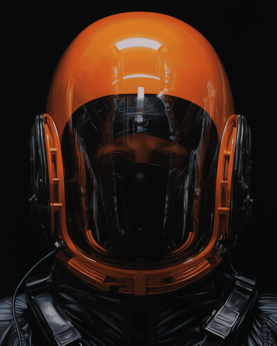 AI generated: an oil painting by H.R. Giger of an astronaut's helmet and visor on the black background, the face i...