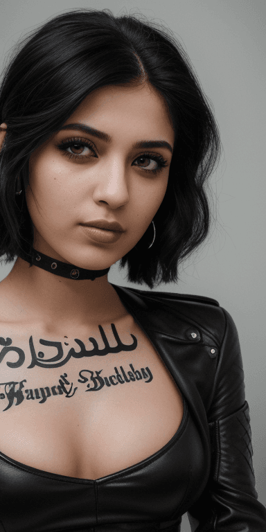 AI generated: middle eastern biker gang member, (Cute Loose Bob hairstyle) , (wearing a black wedding dress:1.4) ,...