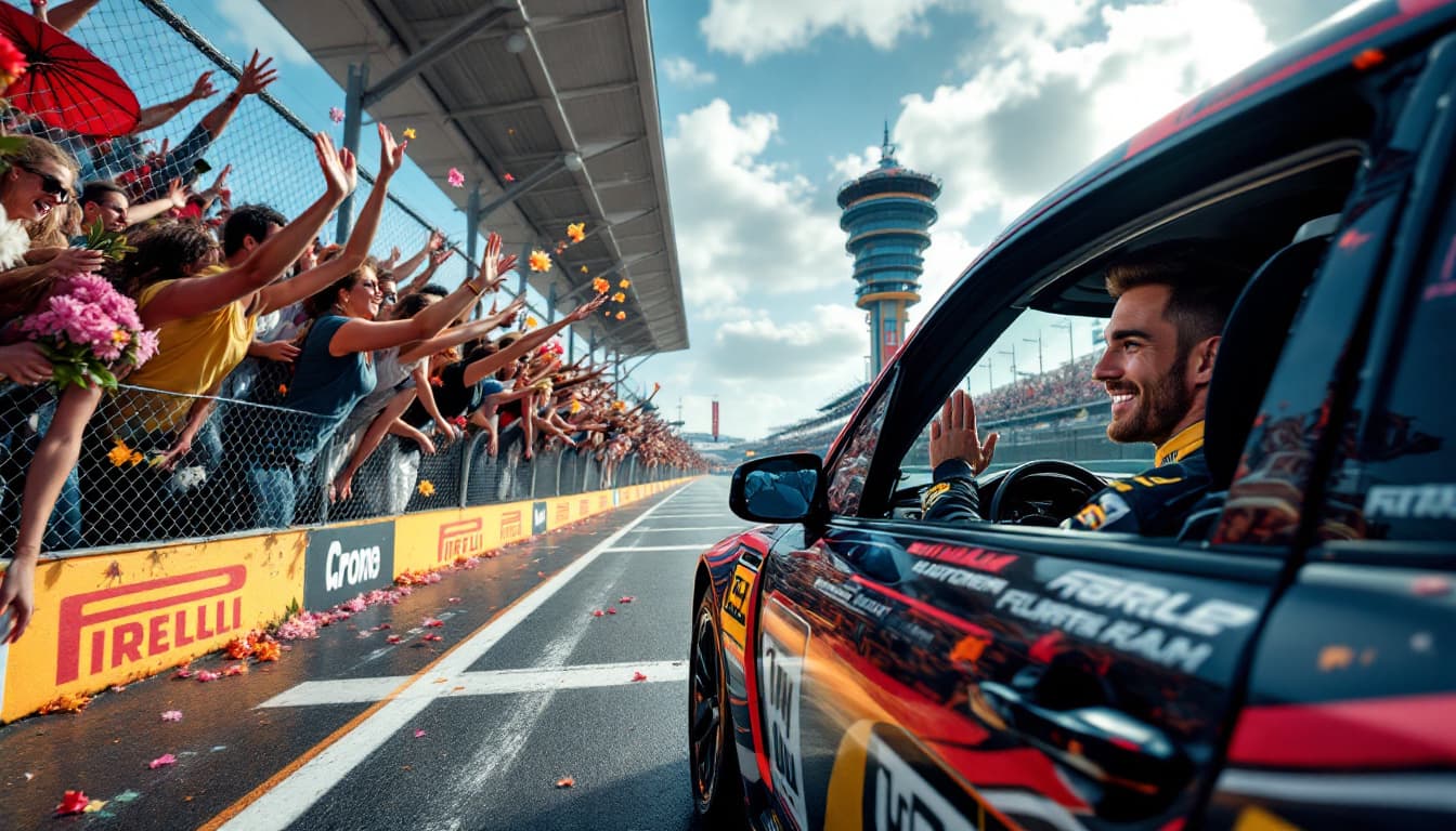 AI generated: On the race track, on the Walk of Fame, a car with the logos of its club on the sides stops.  Fans i...