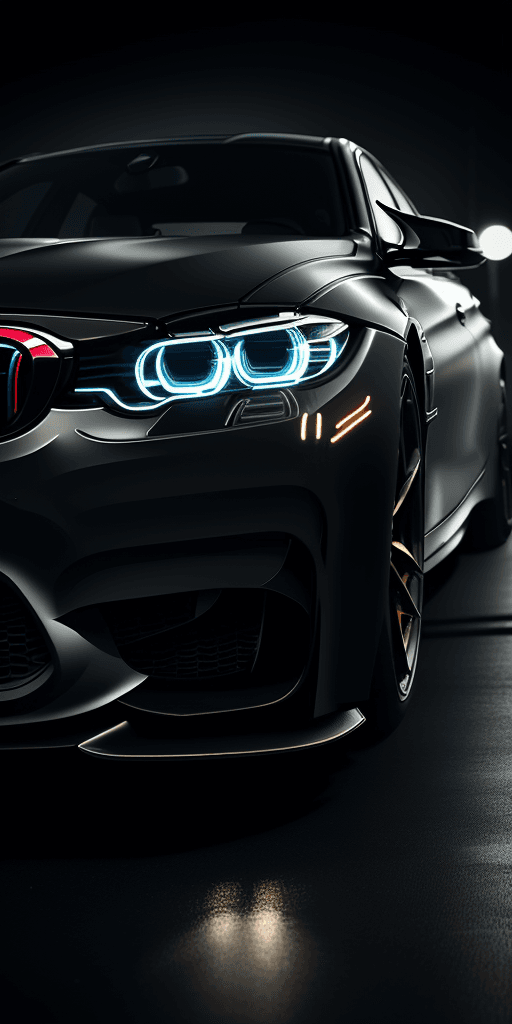 AI generated: a picture of a BMW F80 M3, modern car, black color, perfectly centered, dark night, neon lights in t...