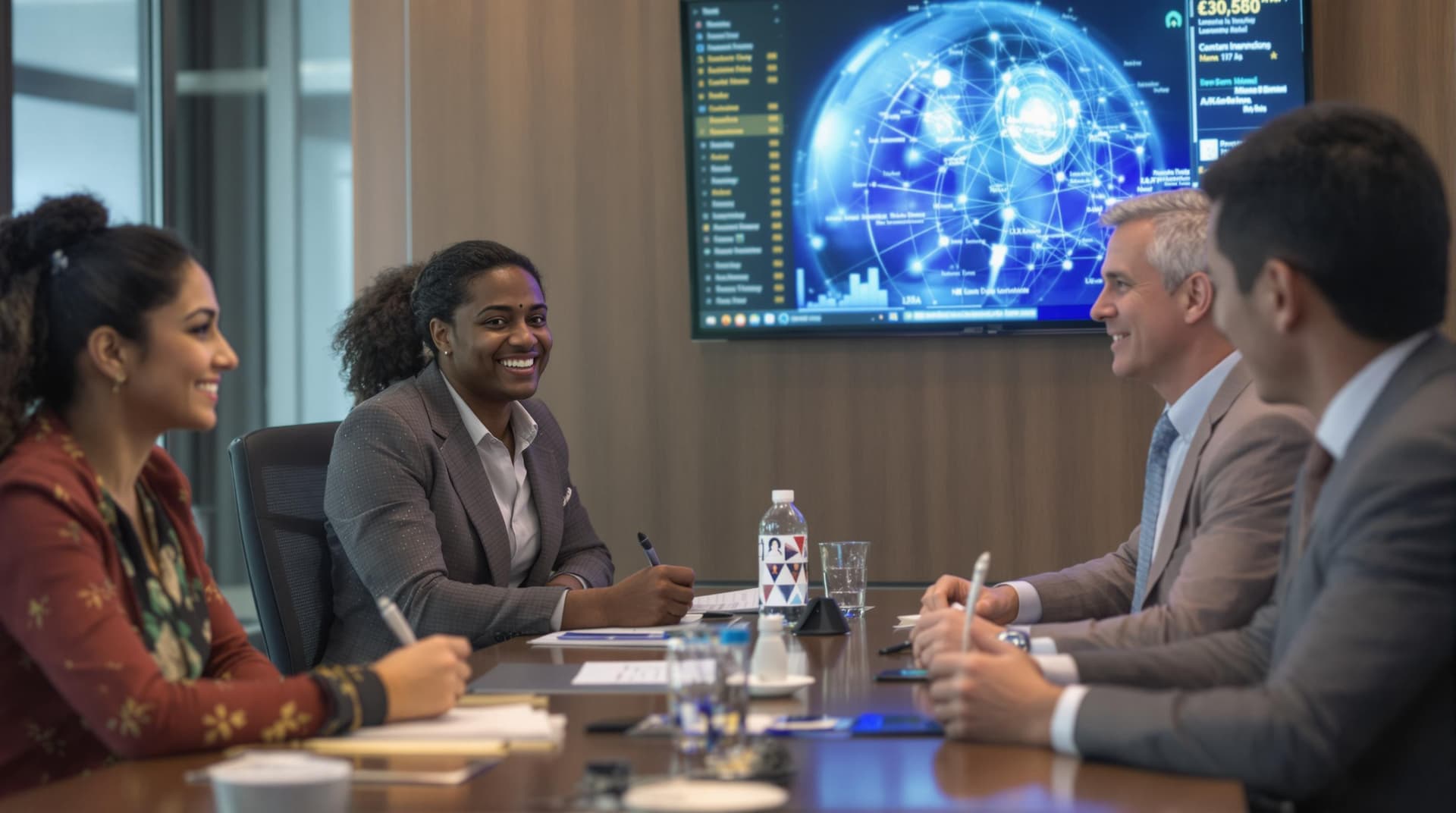 AI generated: /imagine prompt: Diverse team in modern boardroom, 35-year-old Indian woman (natural smile with 8 te...