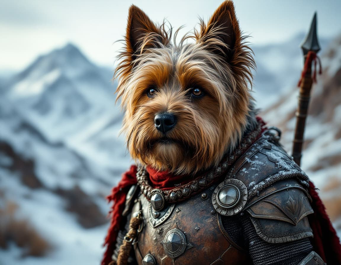 AI generated: brown cairn terrier dog, 
dressed in armor for war, photo-realistic, surrounded by snow-covered moun...