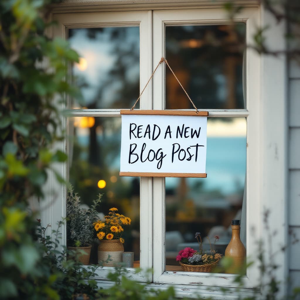 AI generated: Hanging in the window of a seaside cottage is a handwritten sign saying “READ A NEW BLOG POST!” Prof...