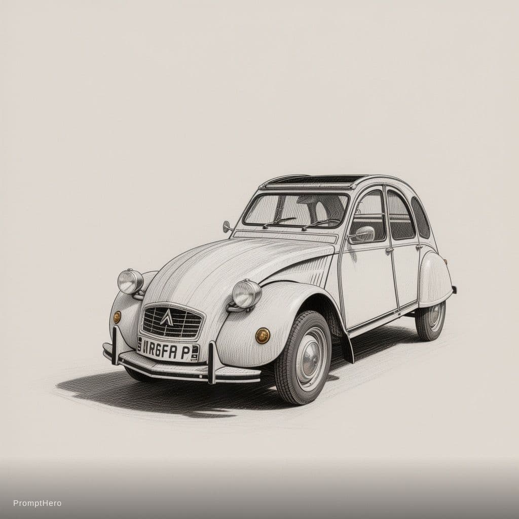 AI generated: Dessin technique de brevet de Renault 2cv. Vue de face de dessus et de côté 