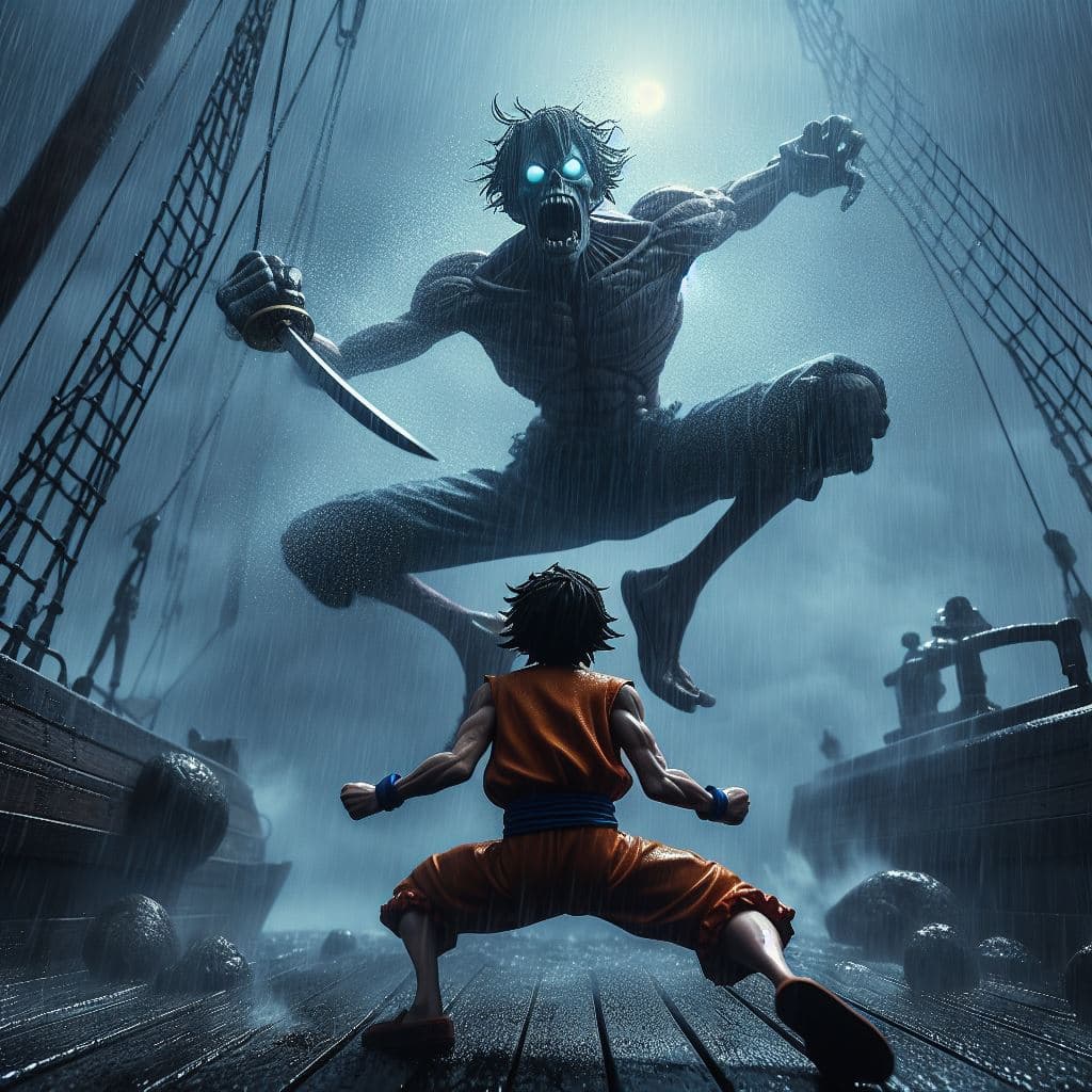 AI generated: Luffy the rubber man stretching out his arms to beat goku on an emaciated pirate ship, rain, night, ...
