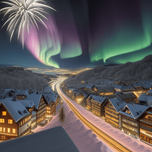 AI generated: This is a hyperrealistic CG rendering of a Swiss town. Rainbow-colored aurora in the sky shining on ...