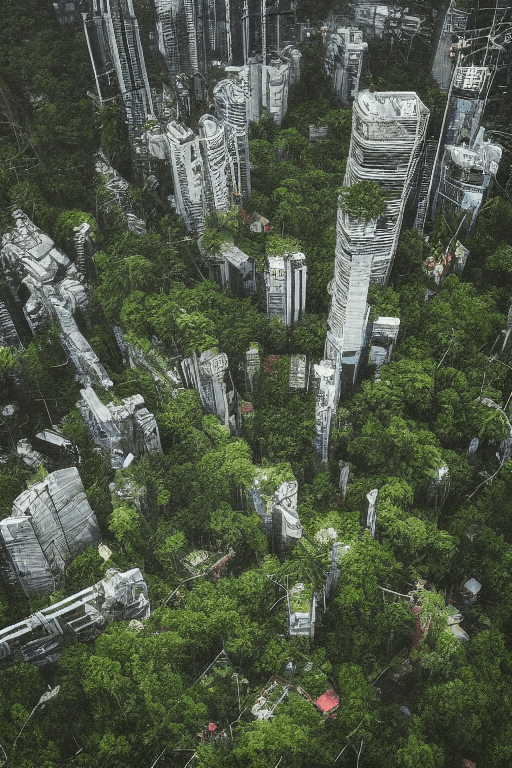 AI generated: Cyberpunk and  Forest
In the image, you can see a futuristic city with dark skyscrapers and narrow n...