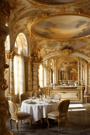 AI generated: a classic design with Renaissance building style, gold & ivory Baroque color on interior walls, dini...