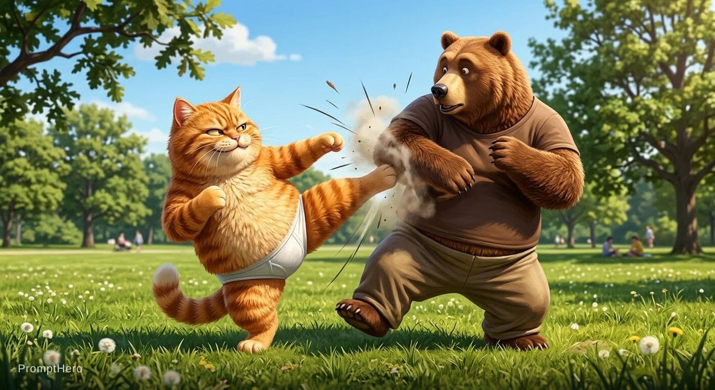 AI generated: A chubby orange tabby cat performing martial art with brown bear,cat looking mischievous and satisfi...