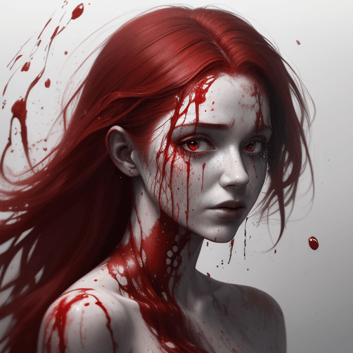 AI generated: A half body portrait of a woman made of blood, half body is submerged in blood, red hair depicting a...