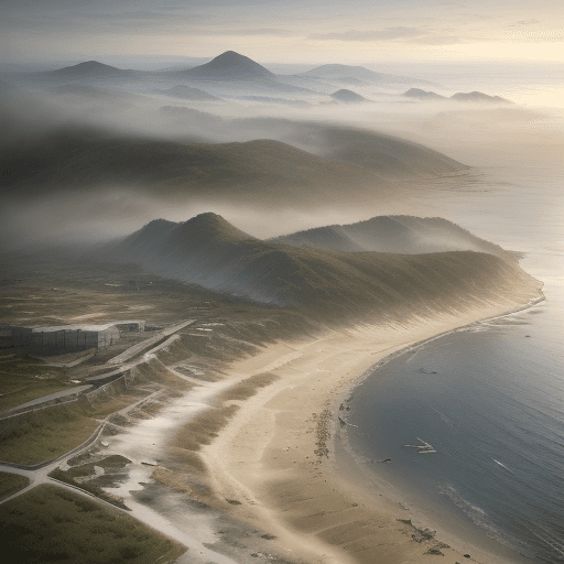 AI generated: realistic picture, upplight, fresh battlefield, battle dystopian, battle aftermath, dirt road, sea t...