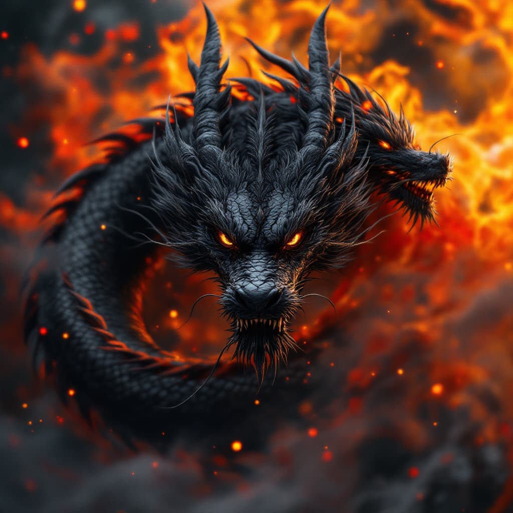 AI generated: A Chinese black dragon,full body detail of dragon scalesdark background black and yellow and red,cre...