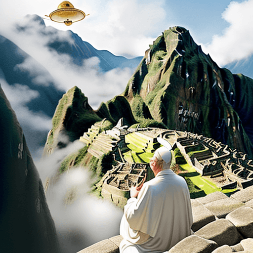 AI generated: a realistic watercolor fantasy painting of a golden ufo hovering over machu picchu, in the foregroun...