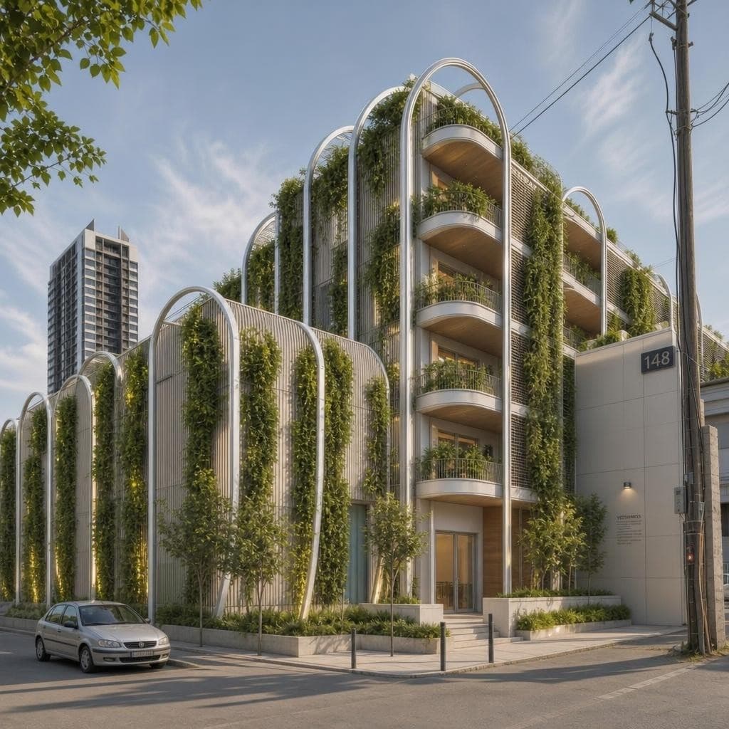 AI generated: Soft futuristic architecture with organic curved metal frames, lightweight exoskeleton, green vertic...