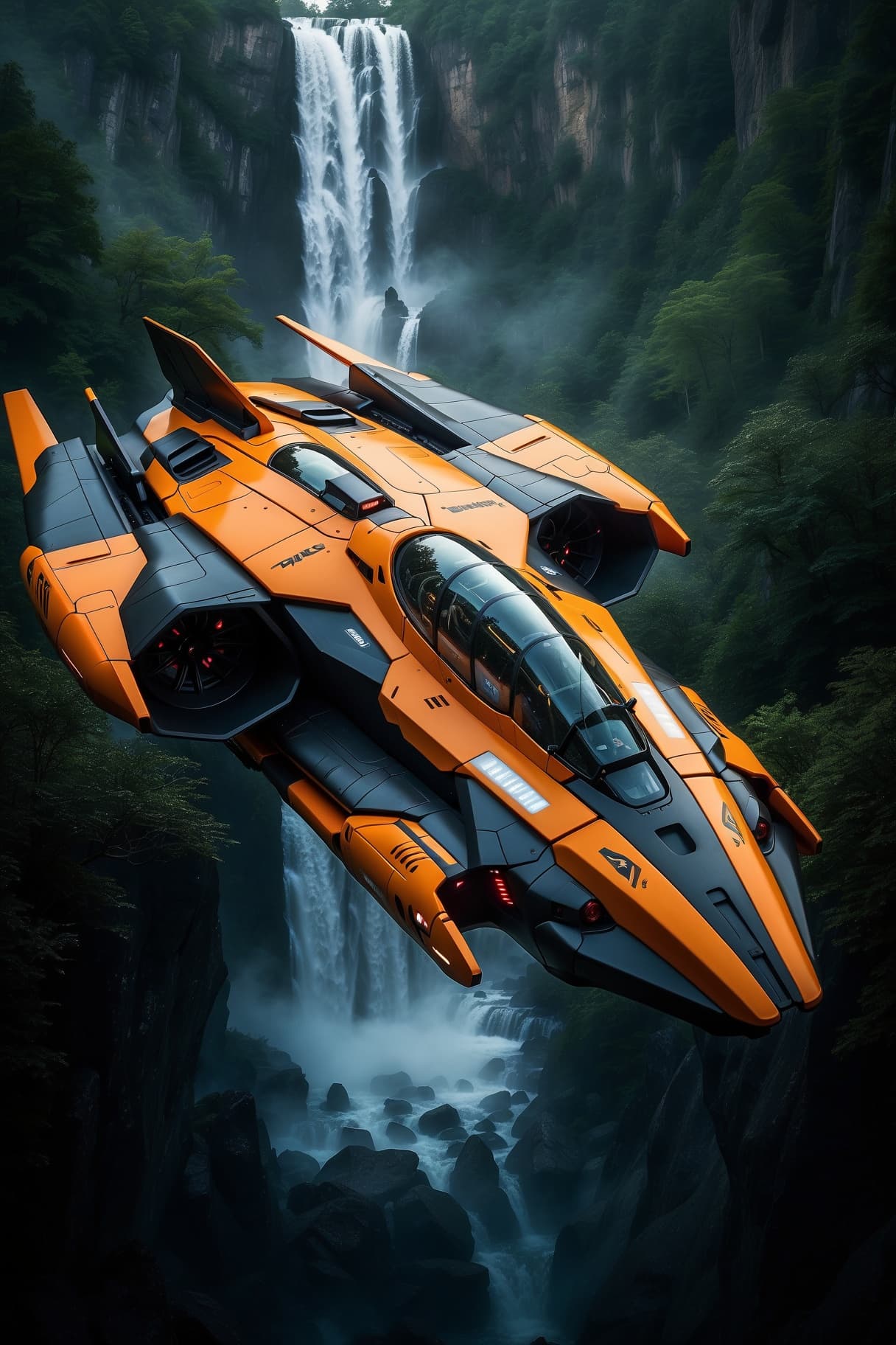 AI generated: Futuristic Concept Space Craft with Military Jet features and metallic orange with matte black and w...