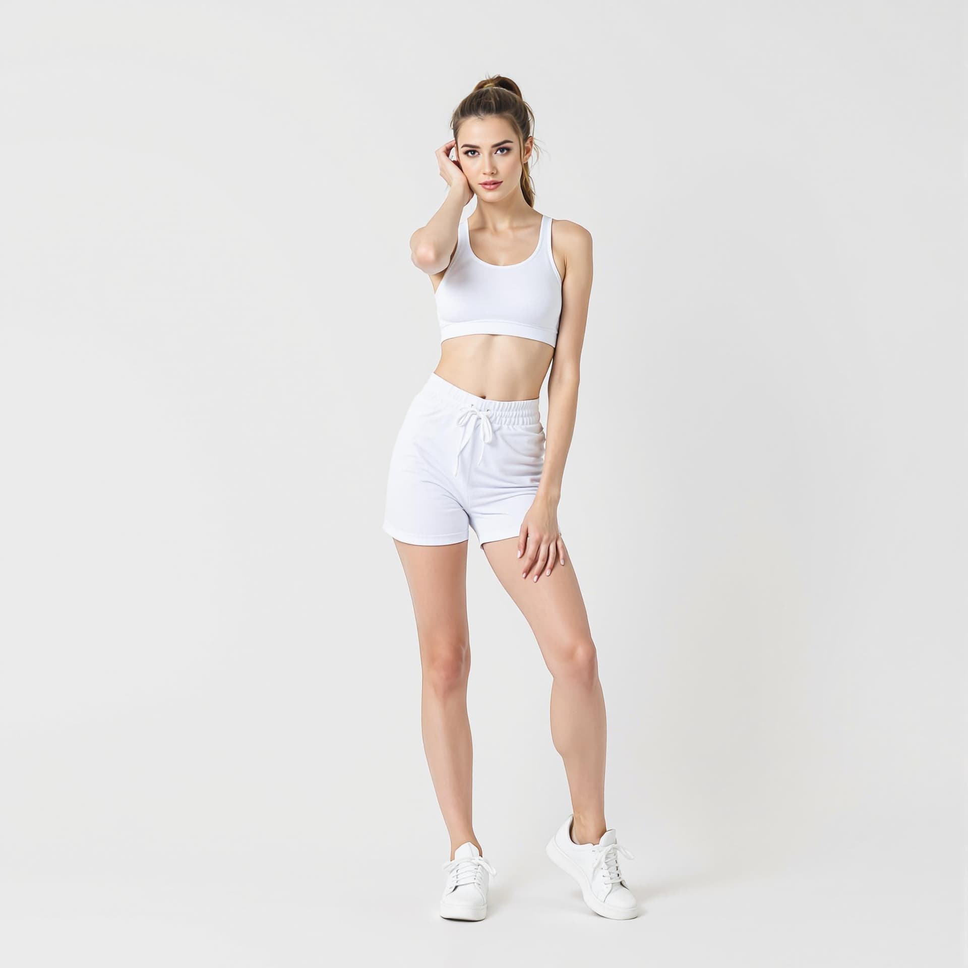 AI generated: a professional photograph of a woman posing against a white backdrop. She is wearing a white sports ...