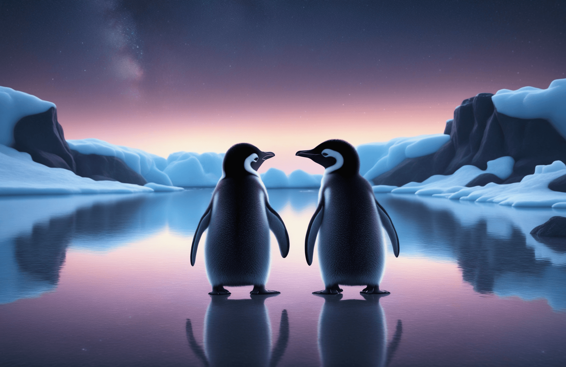 AI generated: pair of magical young baby penguins by a frozen lake, looking at the earth, reflection on lake, real...