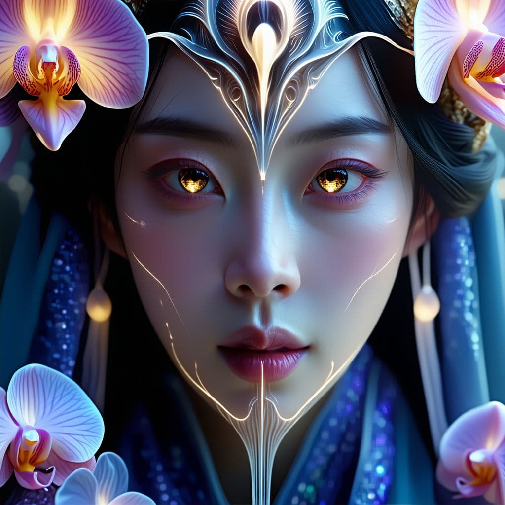 AI generated: Goddess close-up portrait ribcagel. jellyfish phoenix head, nautilus, orchid, skull, betta fish, bio...