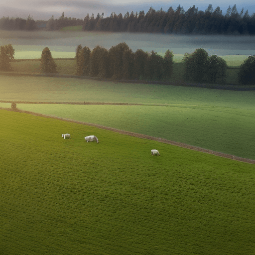 AI generated: Generate a realistic image with a foggy landscape, envision a picturesque dairy farm nestled in the ...