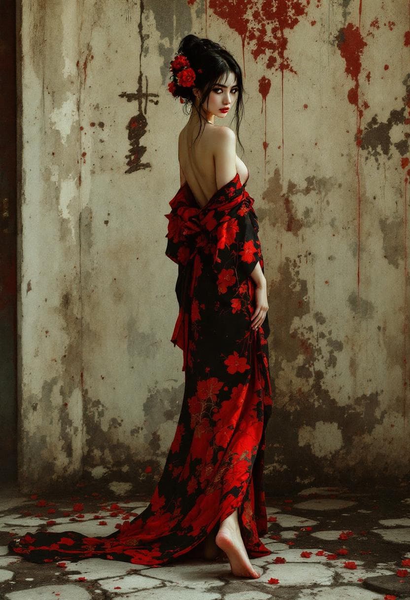 AI generated: Full body view An alluring Asian woman in a very short red and black kimono, partially slipping off ...