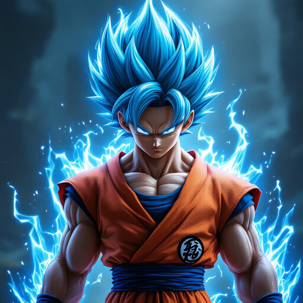 AI generated: "Ultra-realistic Goku Super Saiyan Blue, hyper-detailed muscles, spiky neon blue hair, energy aura, ...