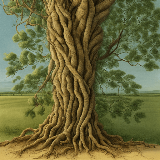 AI generated: Botanical illustration of a large twisting tree with flaky bark with its roots visible by Pierre-Jos...