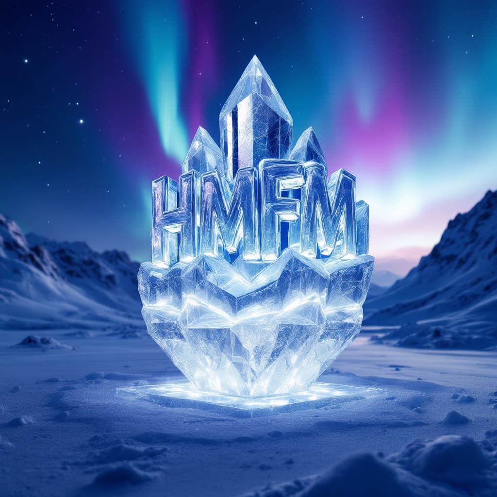 AI generated: Crystal ice sculpture of "HMFM" under aurora borealis, blue and purple hues, ultra-sharp details**  ...