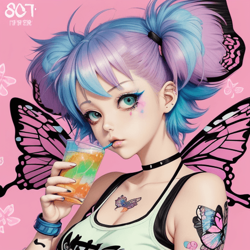 AI generated: a woman with a butterflies tattoos , holding a drink, soda themed girl, japanese girl, short messy h...